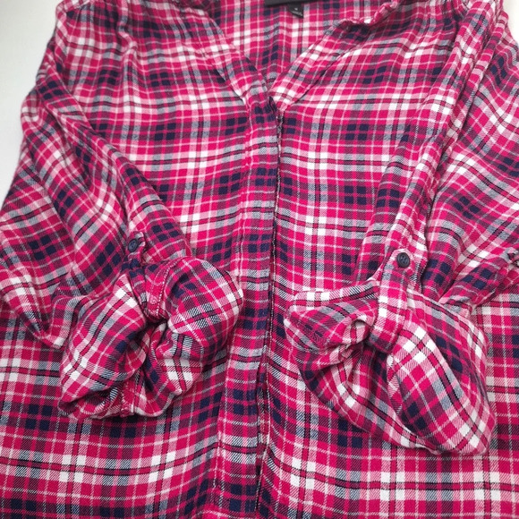 Lane Bryant Plaid Flannel Sz 18 Roll Tab Sleeves High Low Ruffle Hem Popover Top - Picture 11 of 16